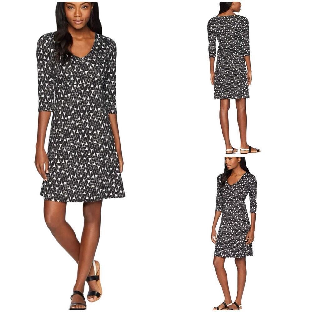 Toad & Co Womens A-Line Dress Black Triangle 3/4 Sleeve Stretch Pullover Small
